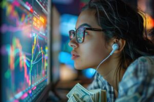 a female trader analyzing the forex market trends