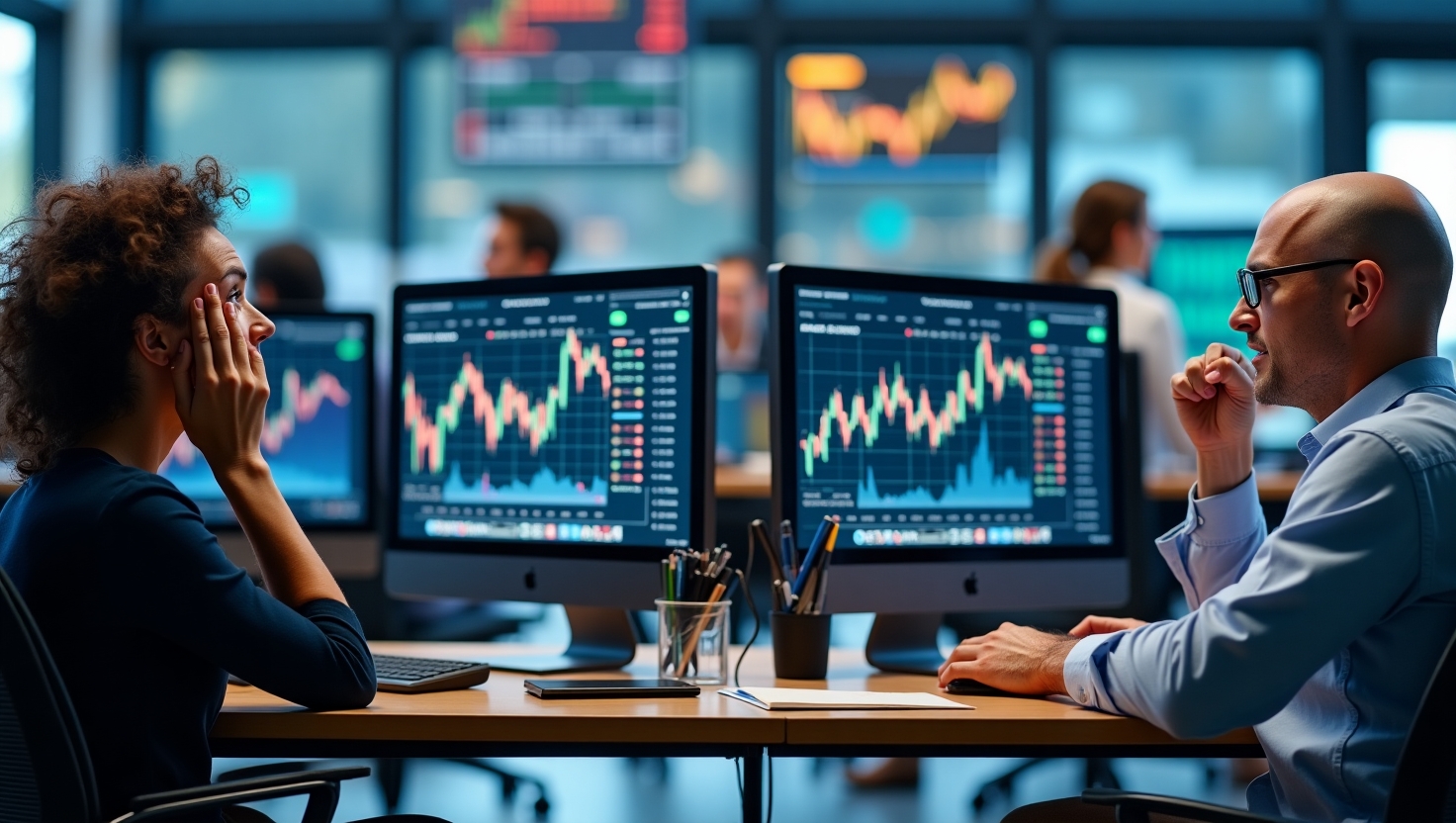 Contrasting groups of traders showing panic and fear versus calm, strategic buying behavior during market dip