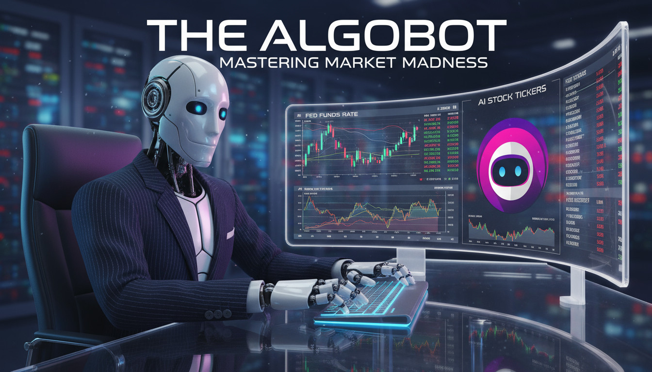 A photorealistic humanoid robot trader at a glass desk with glowing AlgoBot logo on a monitor; Fed rate charts and AI tickers illuminate the scene, exuding mastery.