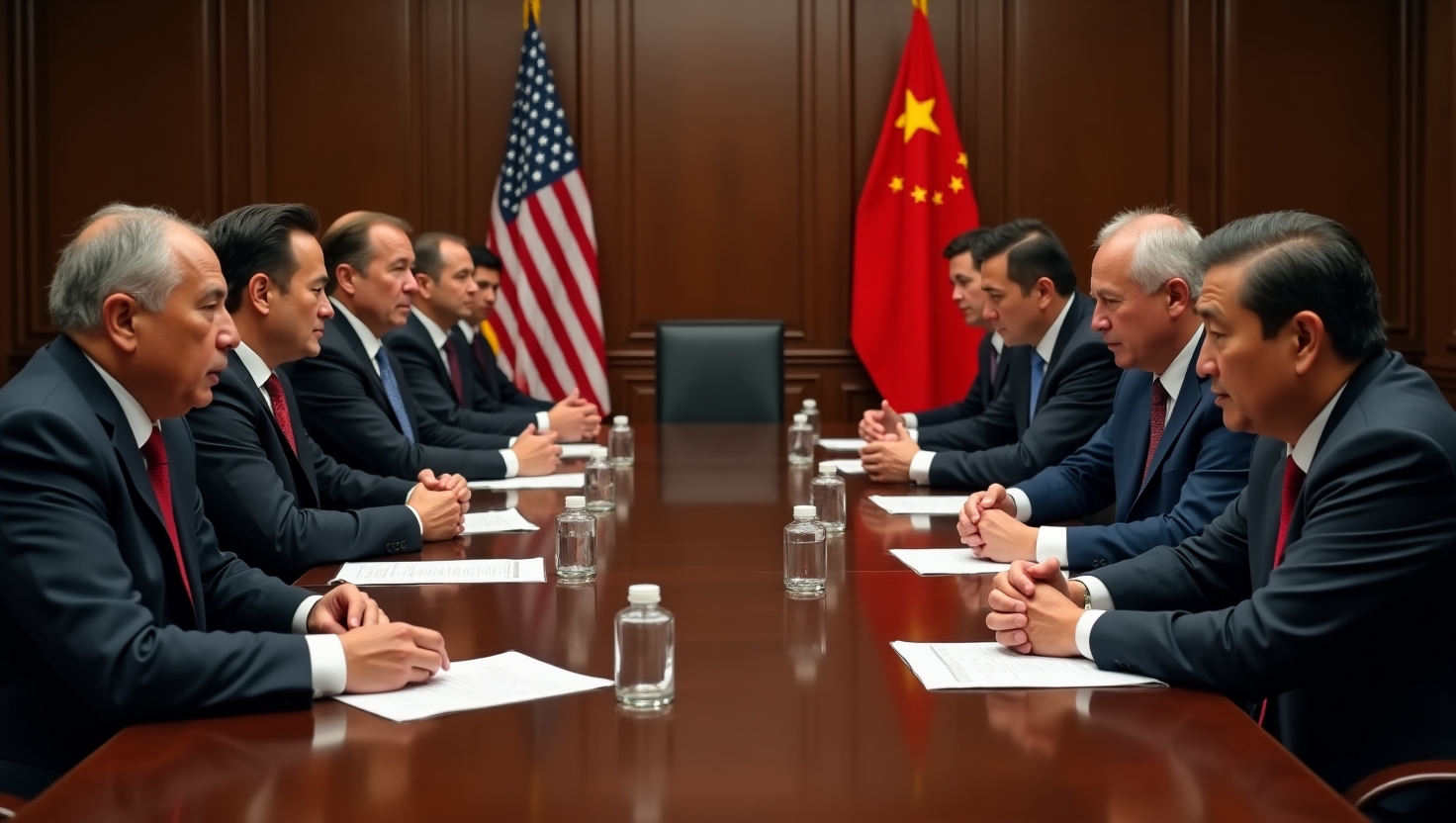 A tense negotiation scene between US and Chinese officials in a formal conference room with serious, conflicted body language and sharp lighting emphasizing tension