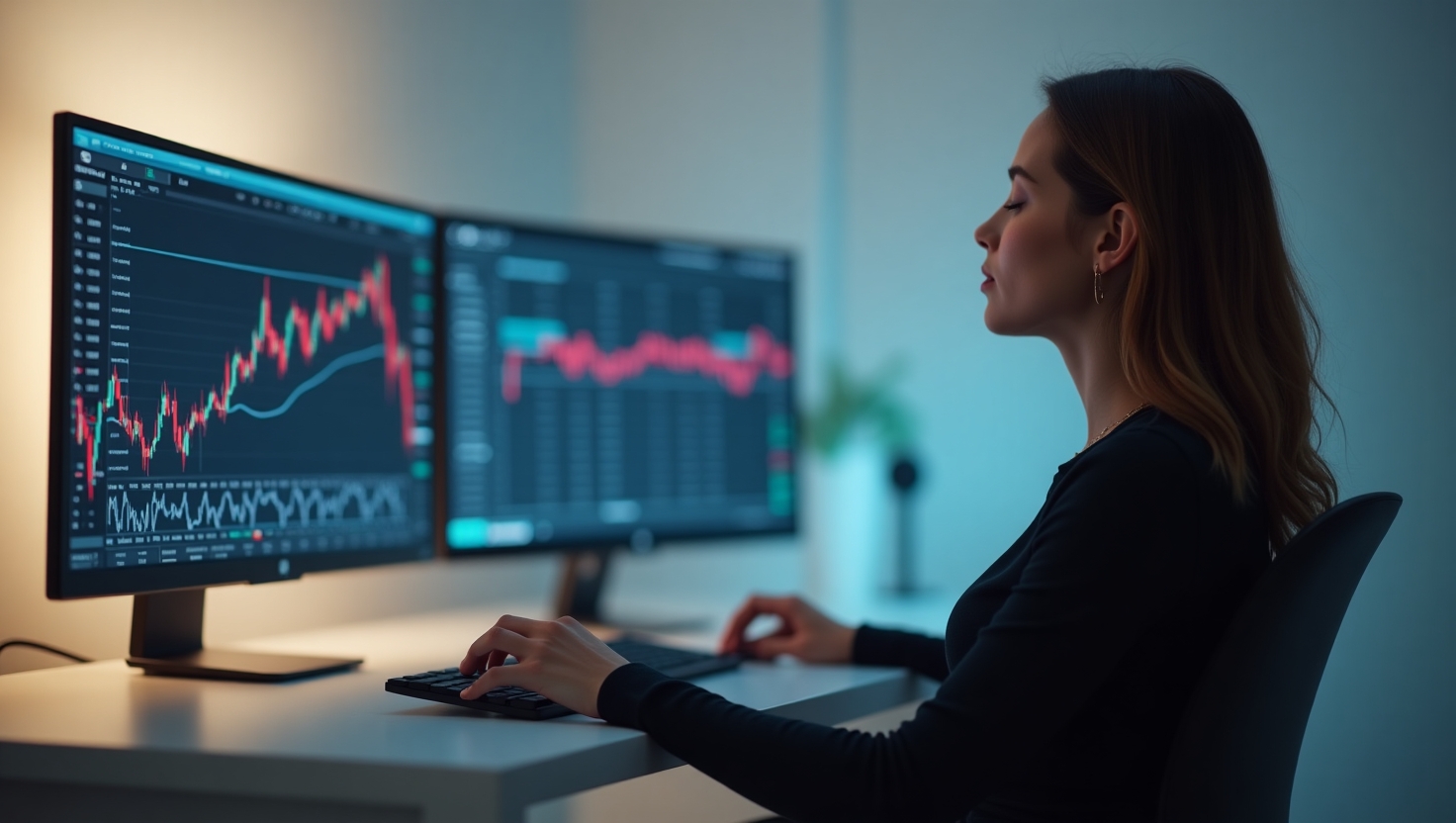 A trader sitting calmly at a desk with multiple monitors displaying various trading charts, meditating to manage stress and maintain focus.