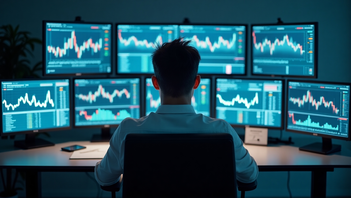 Trader sitting at a desk looking stressed with trading charts and screens around