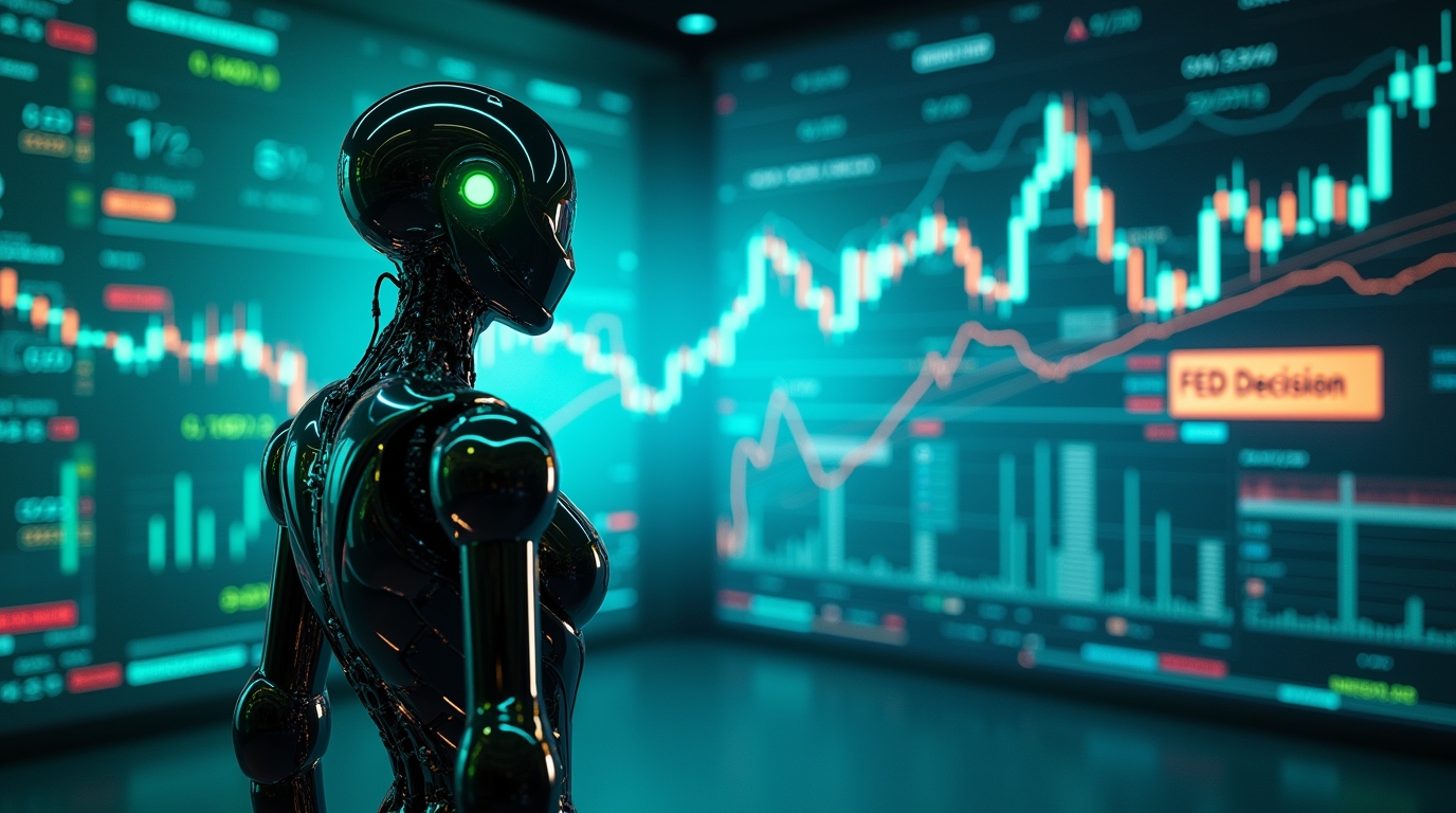 AlgoBot observes massive market volatility surge after FED interest rate decision, glowing trading screens reflecting rapid price movements in photorealistic neon-lit scene.