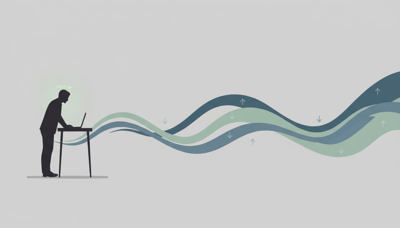 Editorial illustration of a cautious trader silhouette watching abstract market waves with subtle directional arrows, using a muted slate blue gray and pale green palette