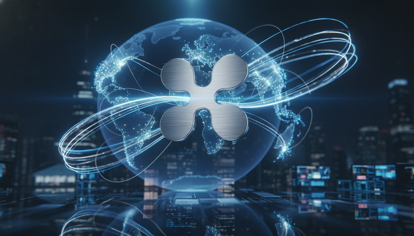 Ultra-realistic conceptual image representing XRP impact on digital finance and global money transfer, showing a sleek metallic token with blue and silver light trails connecting glowing nodes across a world map, with glass bank facades and fiber optic streaks, cinematic lighting and shallow depth of field.